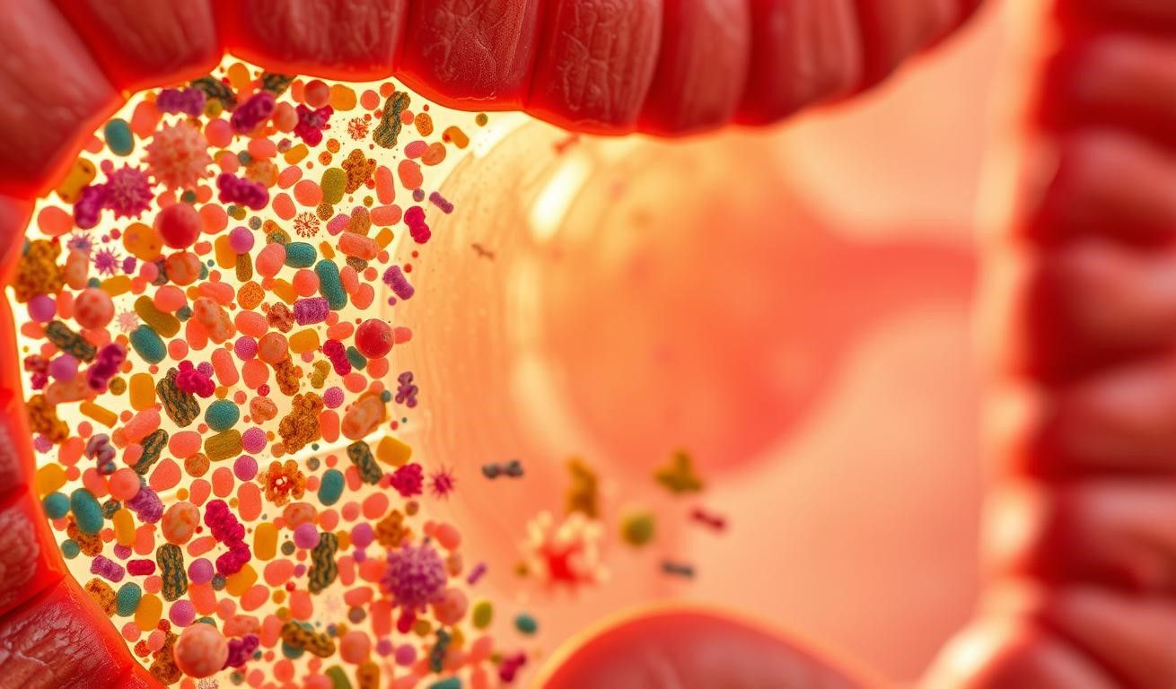 Illustration of the inside of a human intestine, filled with colorful bacteria.