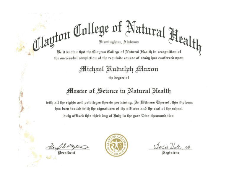 A certificate from the clayton college of natural health