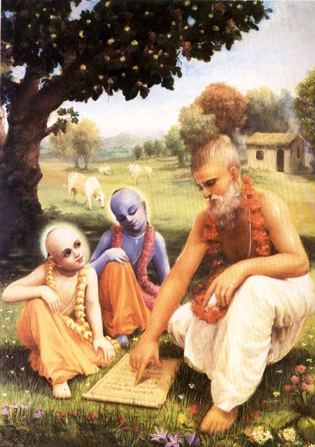 Teacher pointing at a scroll, with two students in a grassy field.