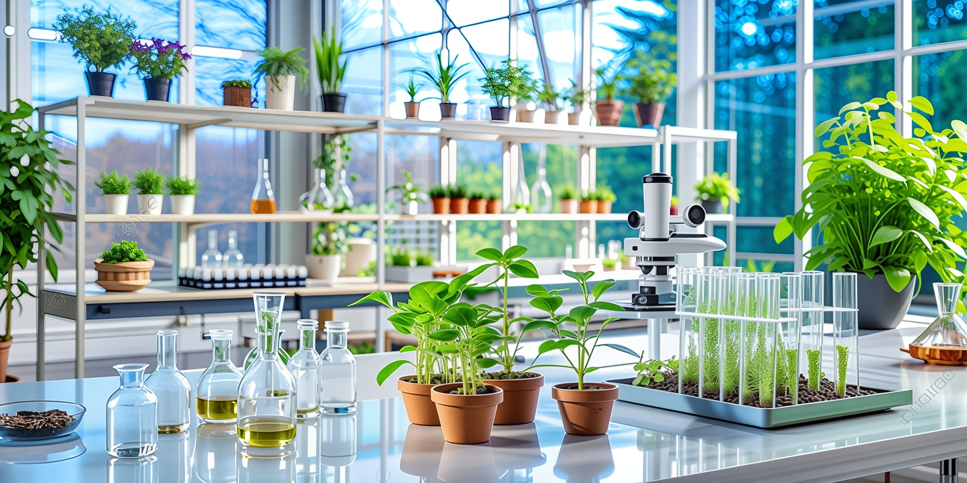 A greenhouse lab with plants, beakers, and a microscope on a table. Shelves with potted plants in background.