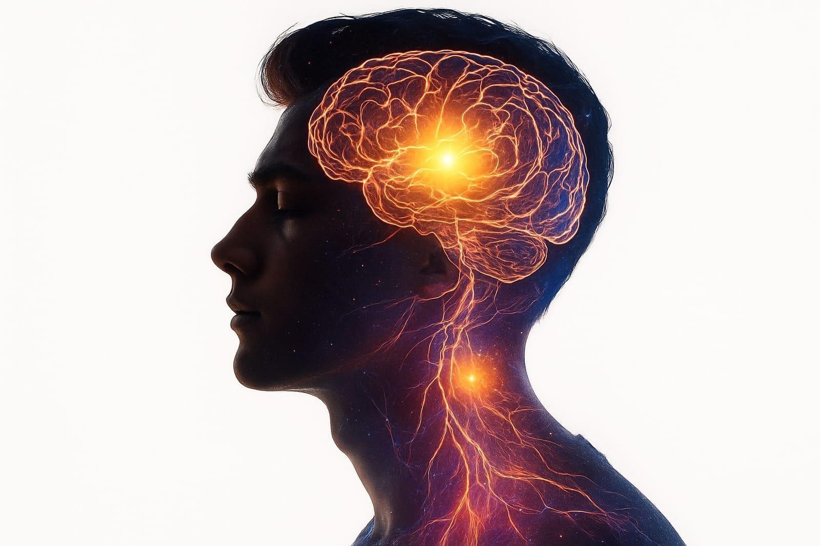 Profile view of a person with a glowing brain and neural pathways, suggesting brain activity.