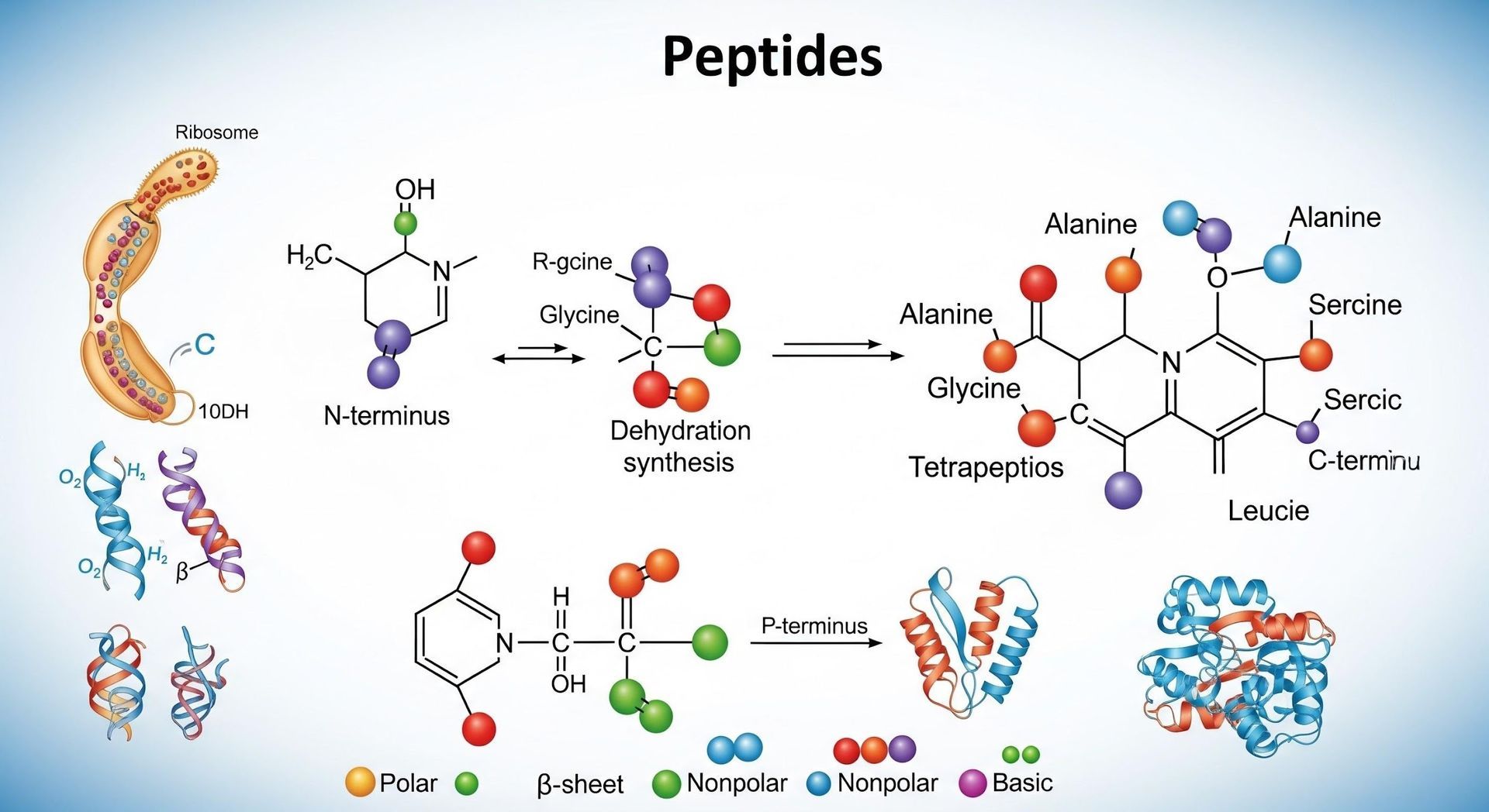 Diagram of peptide synthesis. Shows amino acid molecules, dehydration synthesis, and resulting polypeptide chains.
