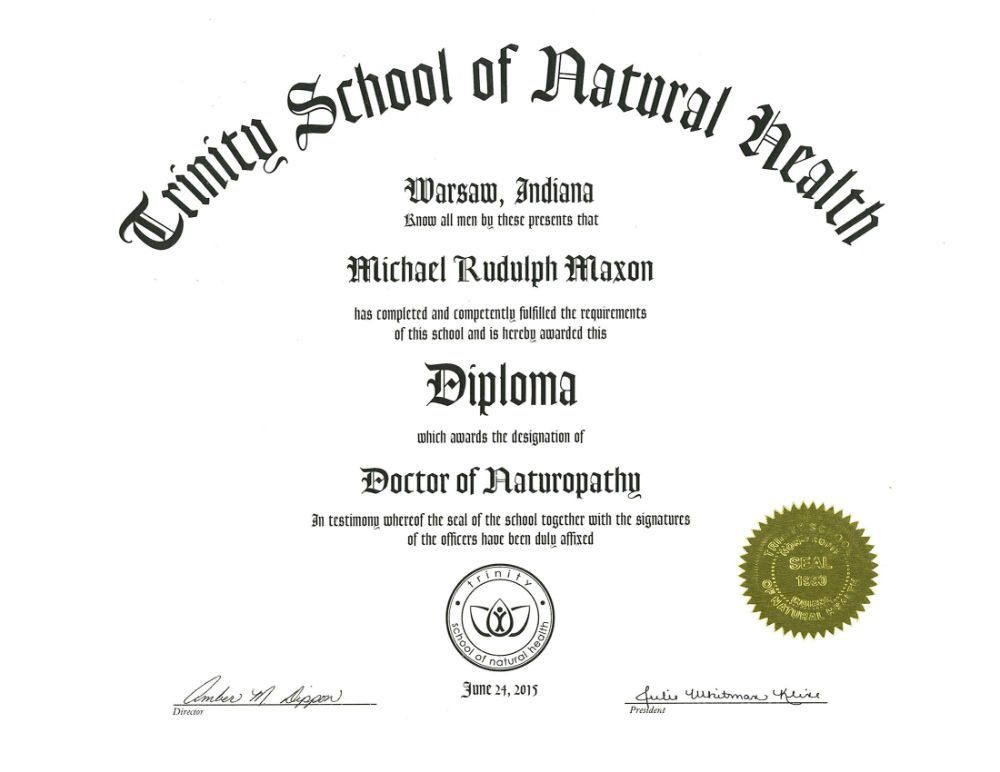 A diploma from trinity school of natural health is on a white background.