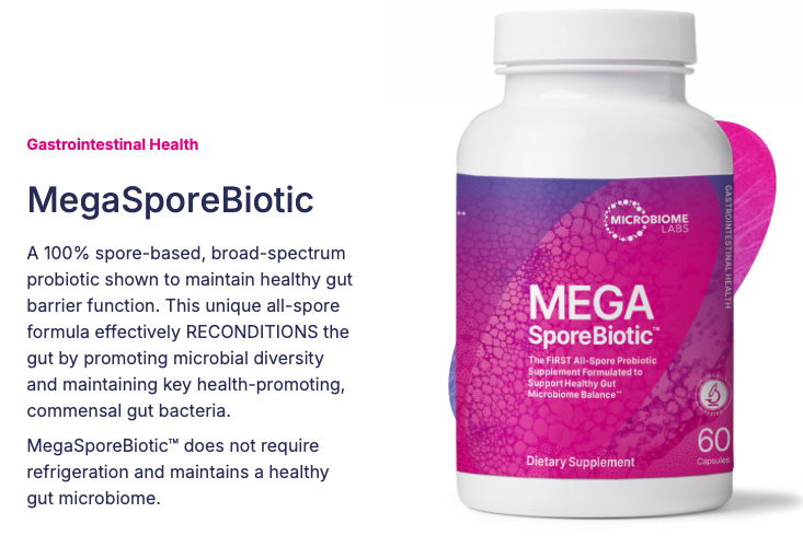 A bottle of megasporebiotic is sitting on a table.