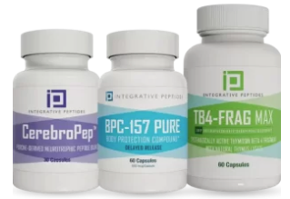 Three white supplement bottles with labels: CerebroPep, BPC-157 Pure, and TB4-FRAG Max.