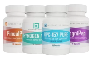 Four white supplement bottles, labeled PinealPep, Thymogen A, BPC-157 Pure, and cogniPep, with colorful labels.