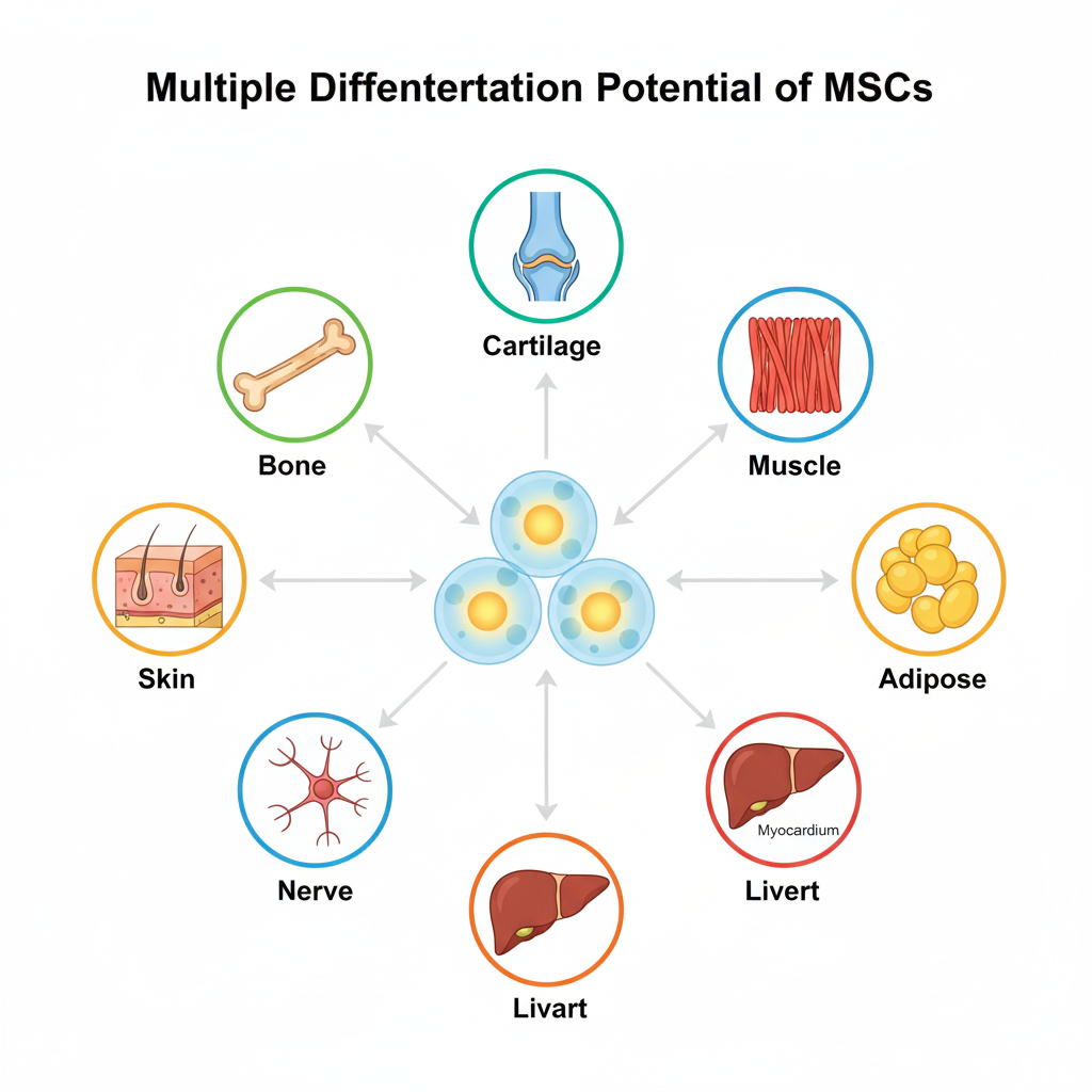 Diagram showing mesenchymal stem cells (MSCs) differentiating into various cell types, including bone, muscle, and liver.