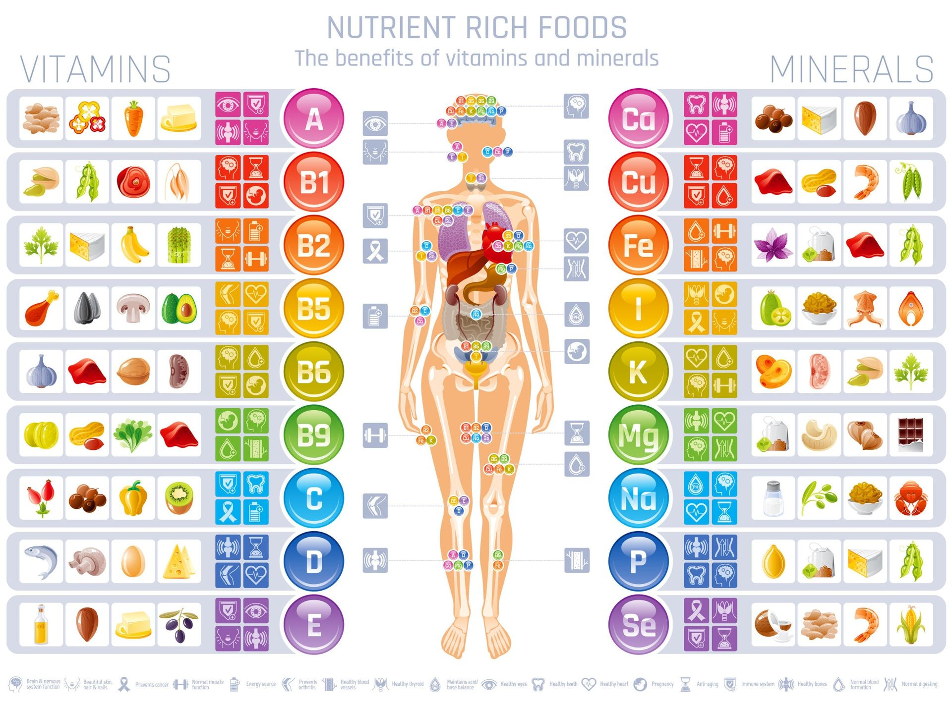 Diagram showing nutrient-rich foods for vitamins and minerals, highlighting their benefits for the human body.