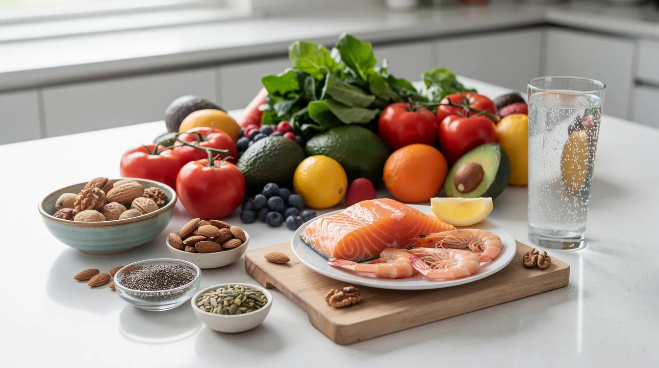 Fresh fruits, vegetables, salmon, nuts, and seeds arranged on a kitchen counter with a glass of water