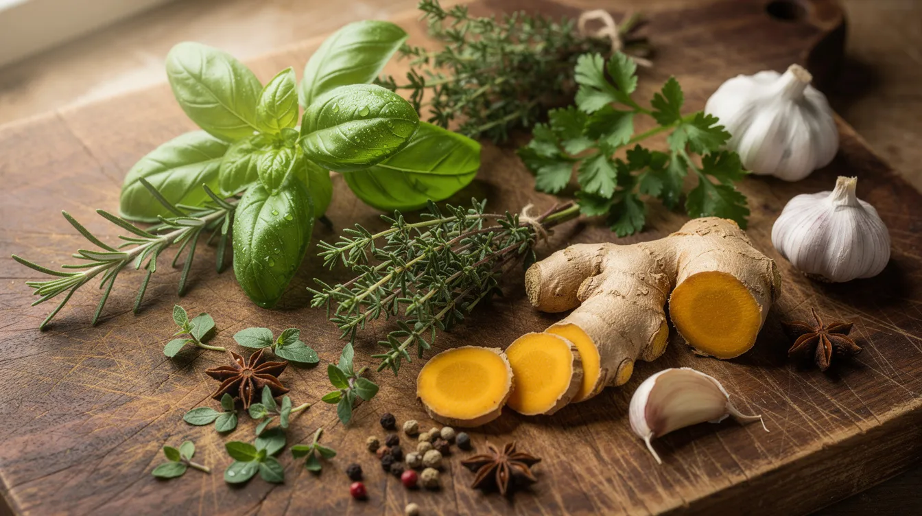 Fresh herbs, turmeric, ginger, garlic, and peppercorns on a wooden cutting board