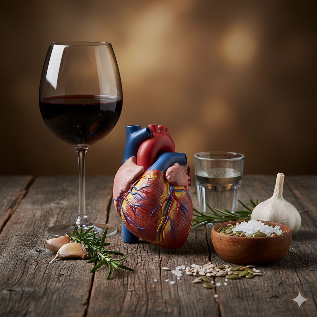 Glass of red wine, heart model, water, herbs, garlic, and salt on wooden table.