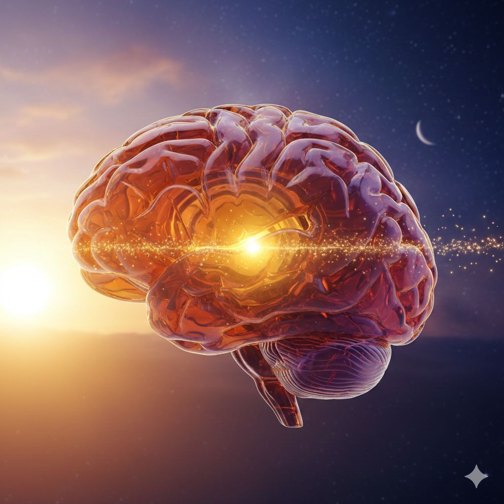 Glowing brain with sparkling energy, set against a sunset and night sky with a crescent moon.