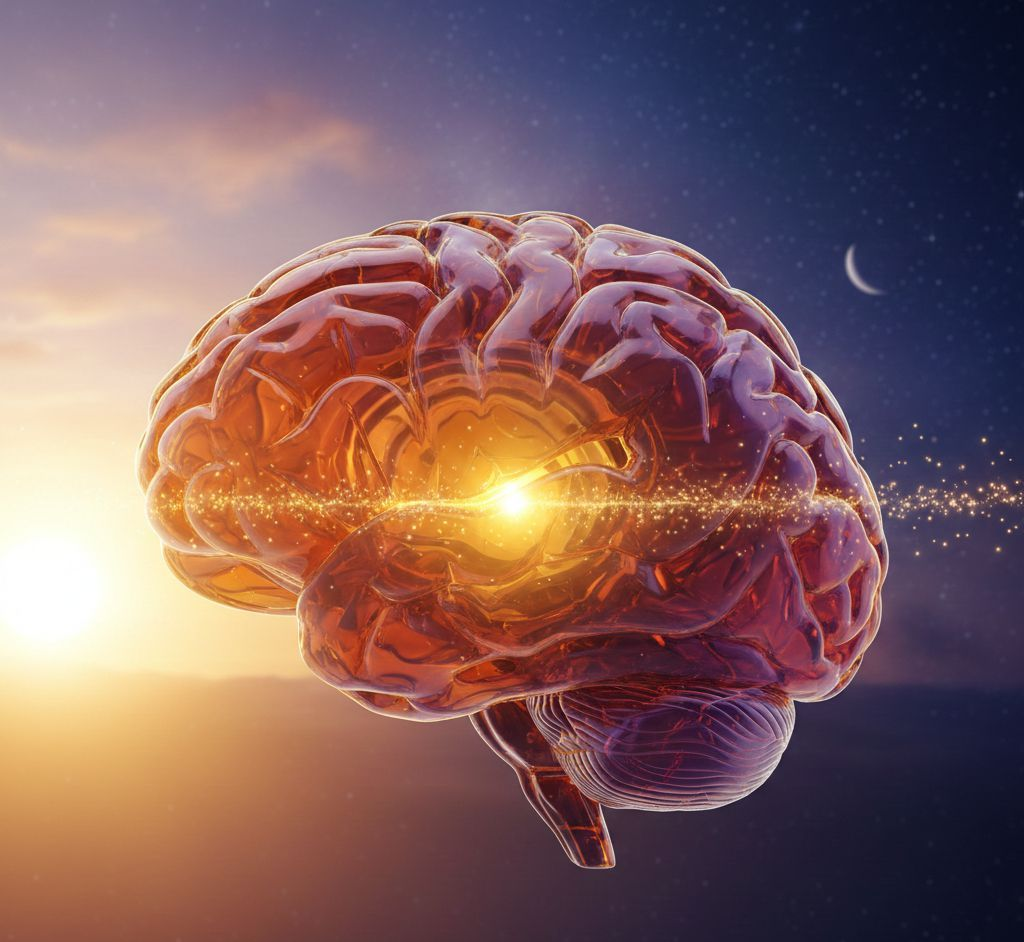 Glowing brain, light bursts from center, set against sunrise and starry sky.