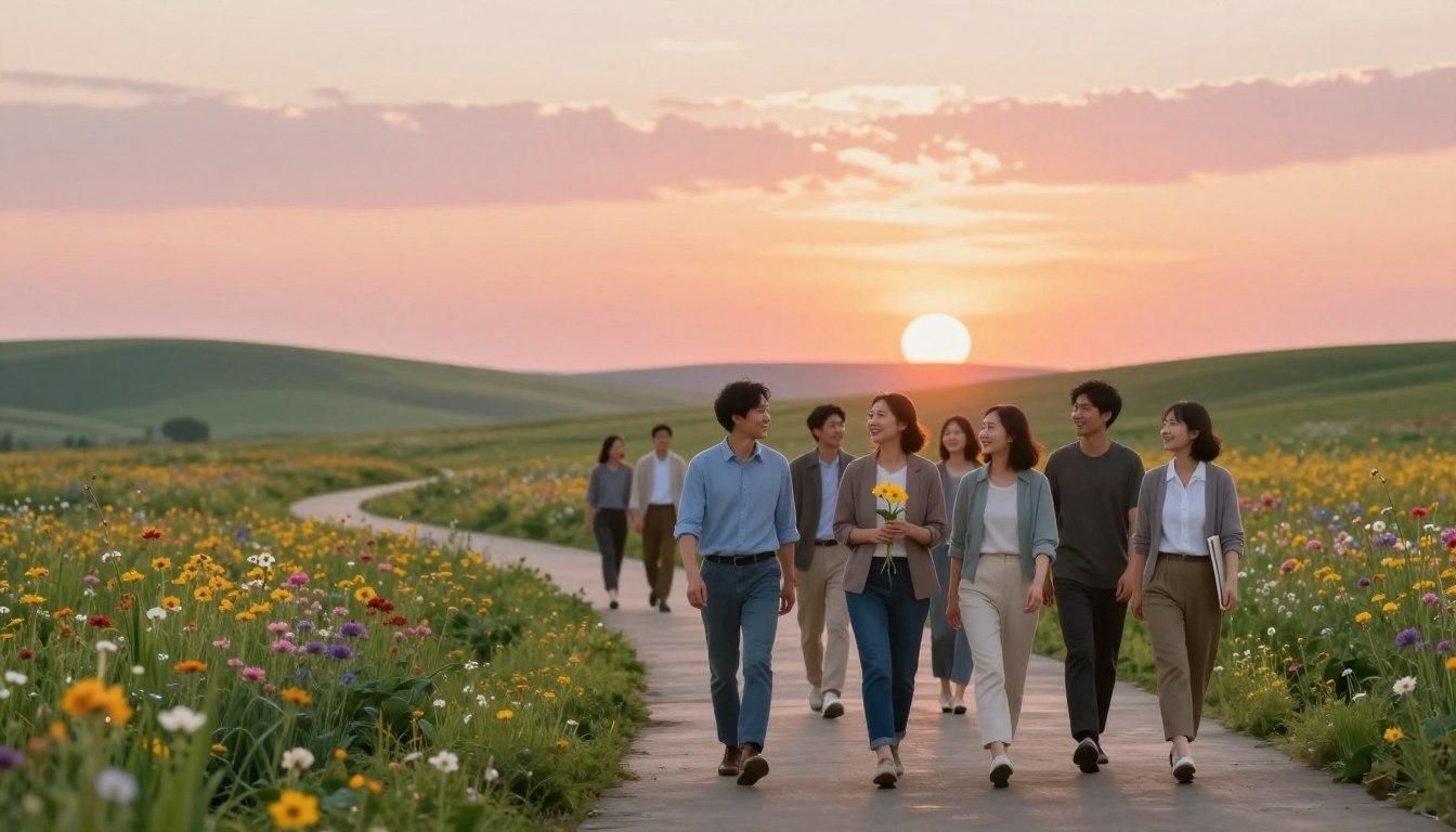 Group walks on path through flower field toward sunset.