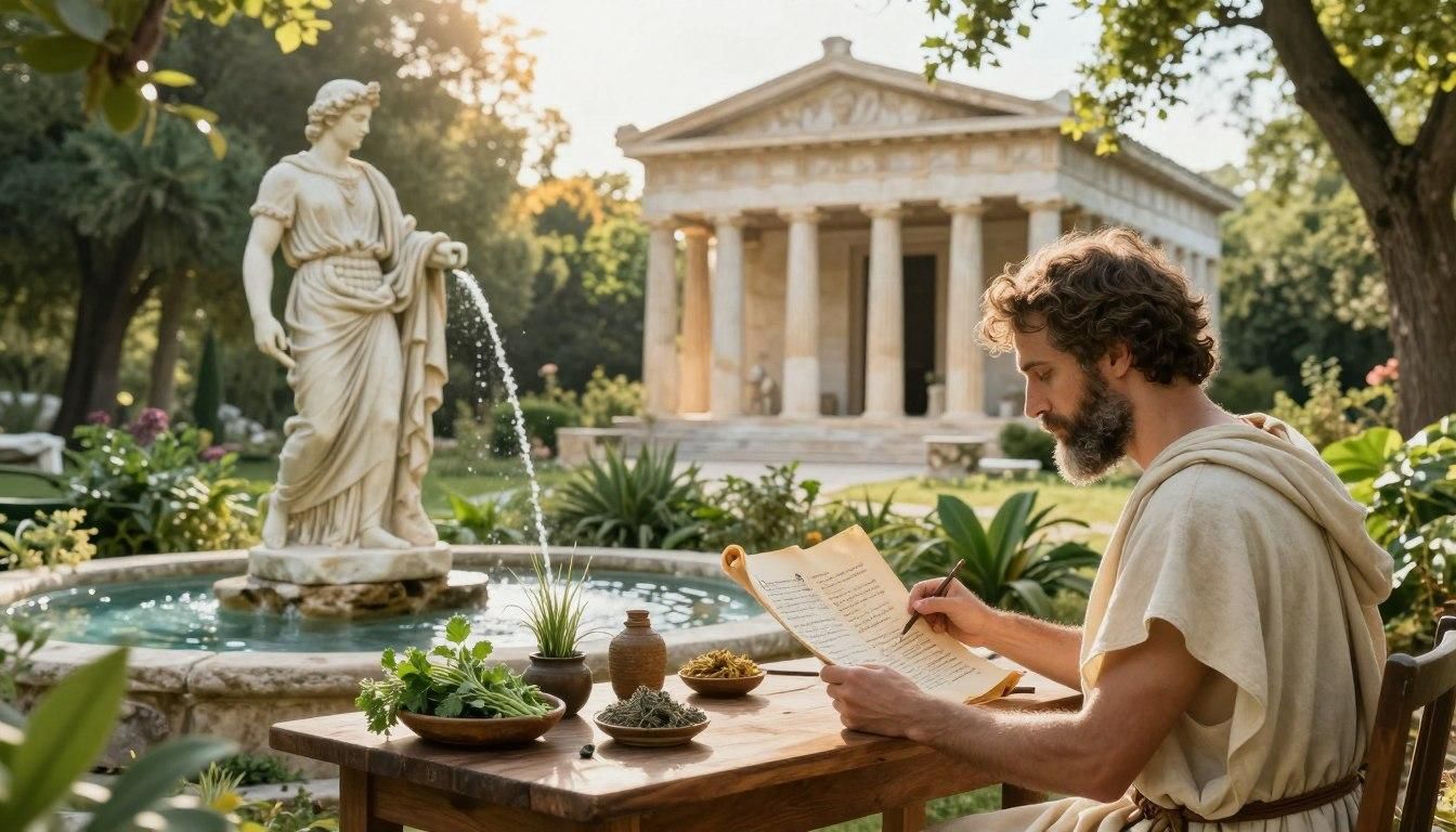 Man writing outdoors, ancient Greek setting. Fountain and statue in foreground, temple in background.