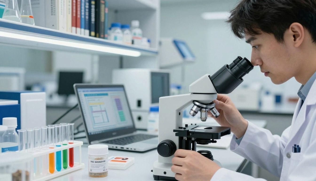 Scientist in lab coat looking into a microscope; laptop and test tubes on desk.