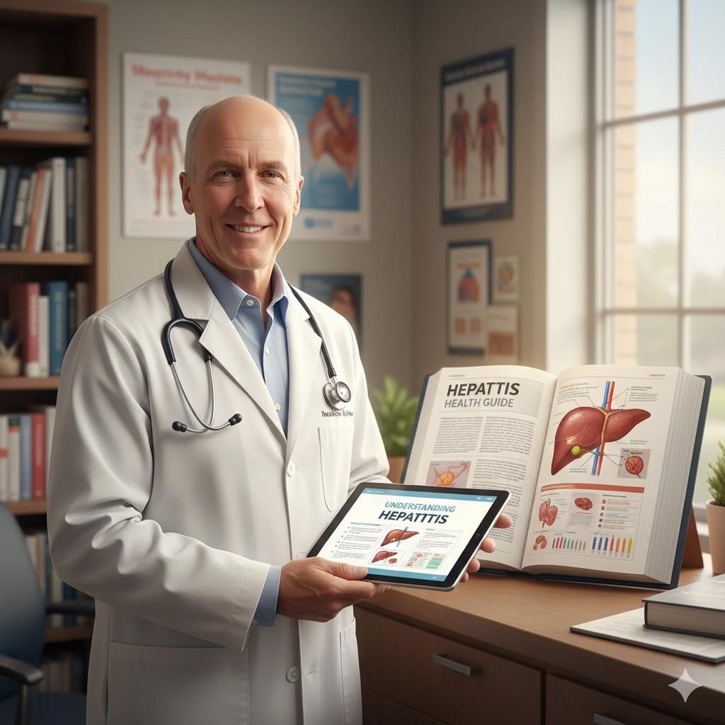 Doctor holding a tablet and open book about hepatitis, in office setting.