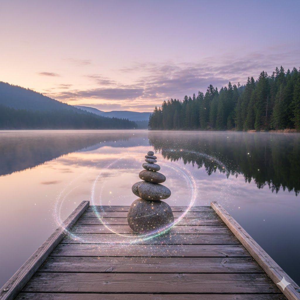 Stack of stones on a wooden dock on a foggy lake, reflecting a purple and pink sunrise.