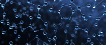 Abstract rendering of connected water droplets against a dark blue background, resembling a molecular structure.
