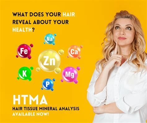 Blonde woman pondering next to colorful mineral icons. Promoting Hair Tissue Mineral Analysis (HTMA).