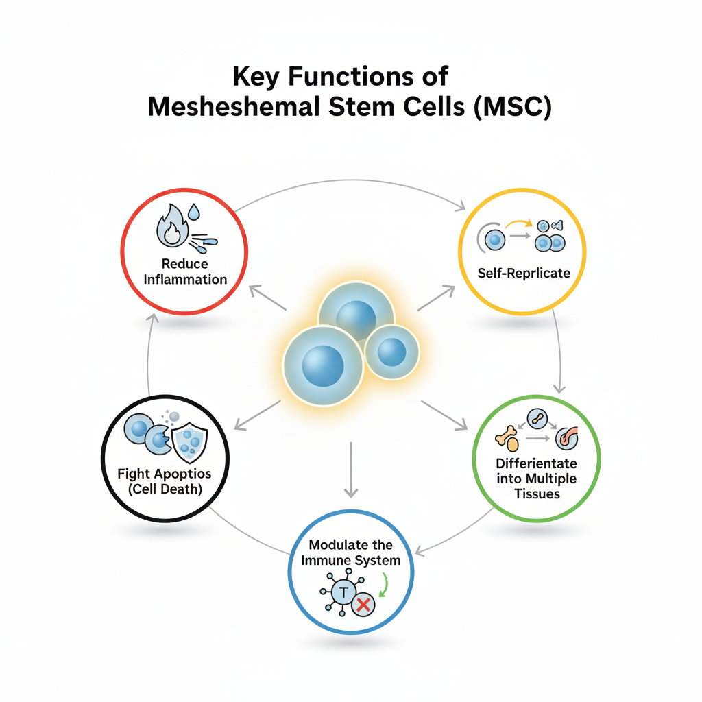 Diagram: Key functions of mesenchymal stem cells (MSC). Central cells surrounded by icons: reduce inflammation, self-replicate, differentiate, modulate the immune system, and fight apoptosis.