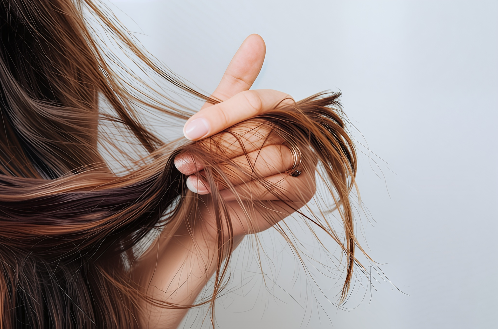 Hand holding a flowing strand of dark brown hair against a white background.