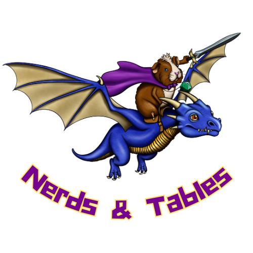 Nerds and Tables logo which features Melvin the guinea pig holding a sword, wearing a purple cape and green D20 necklace, riding a blue and gold dragon.