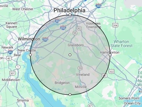 A map of philadelphia with a circle around it. A map of philadelphia with a circle around it.