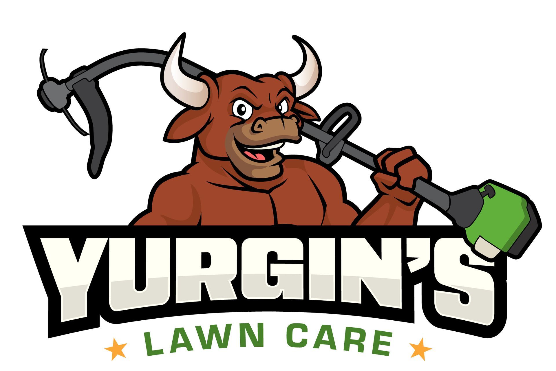 Brown bull mascot with white horns and an angry expression over