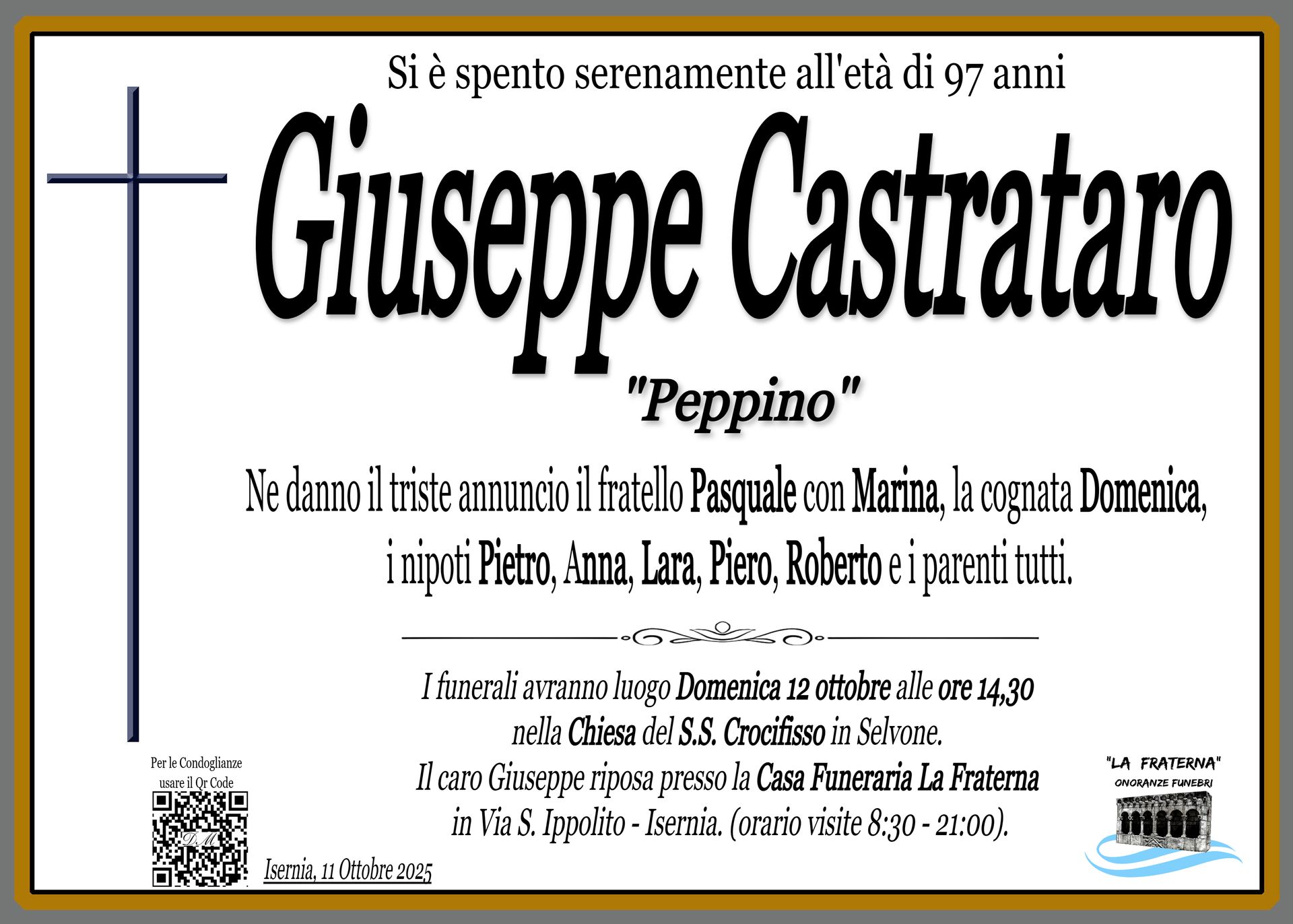 necrologio Giuseppe Castrataro