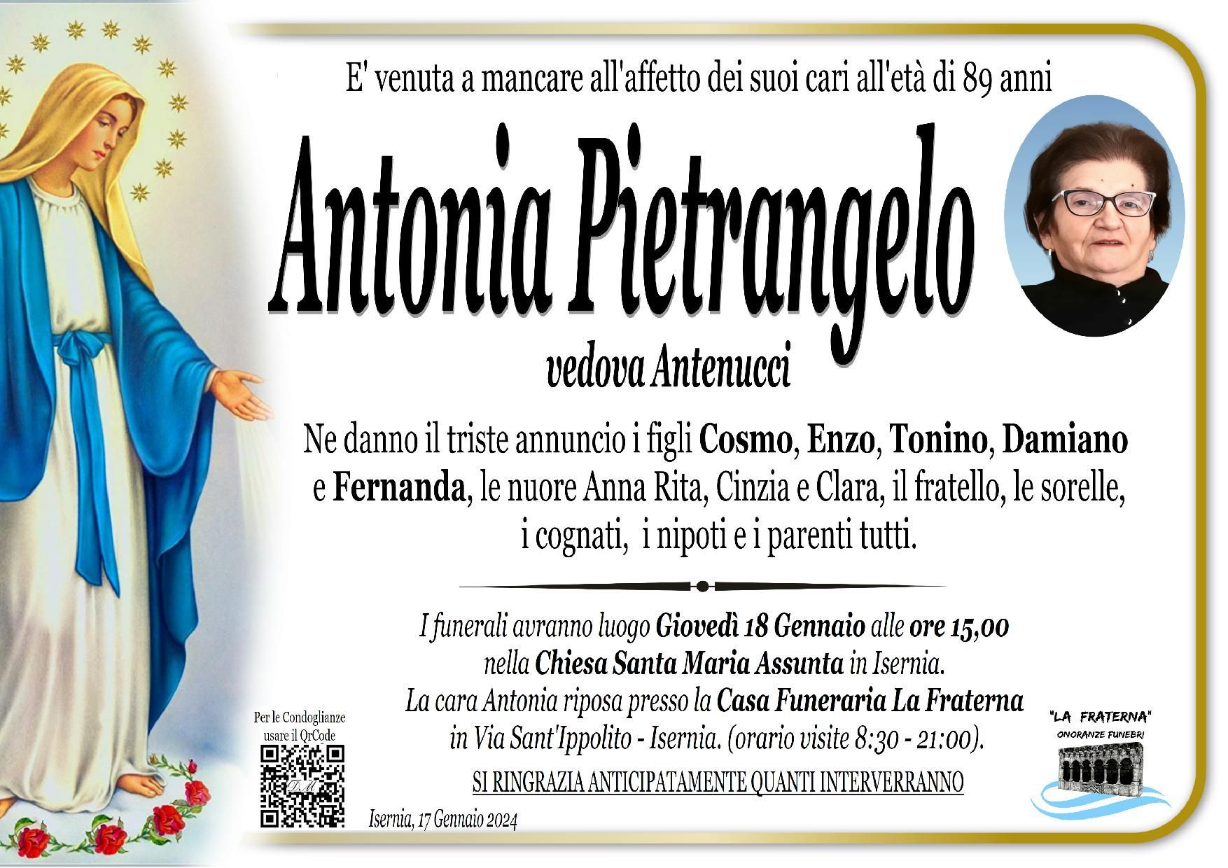 necrologio Antonia Pietrangelo