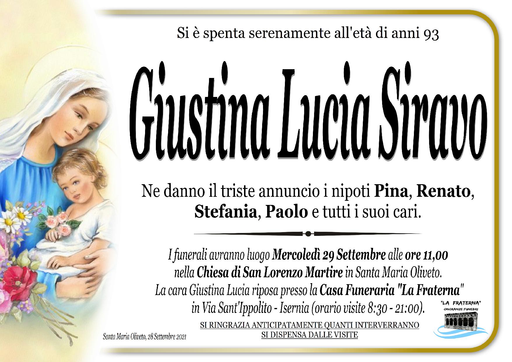 necrologio Giustina Lucia Siravo