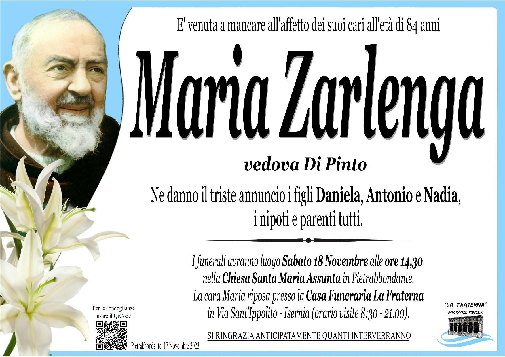 necrologio Maria Zarlenga 