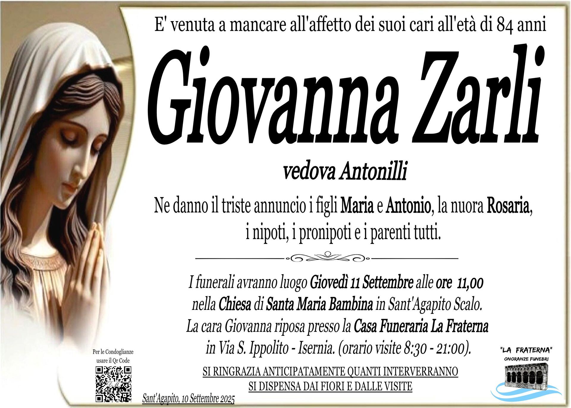 necrologio Giovanna Zarli