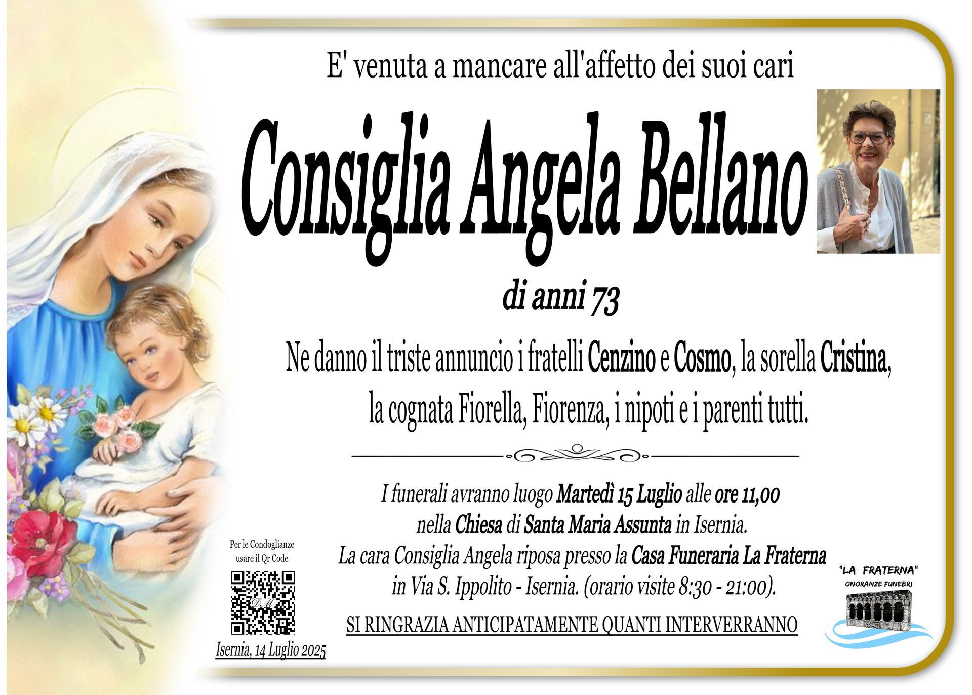 necrologio Consiglia Angela Bellano