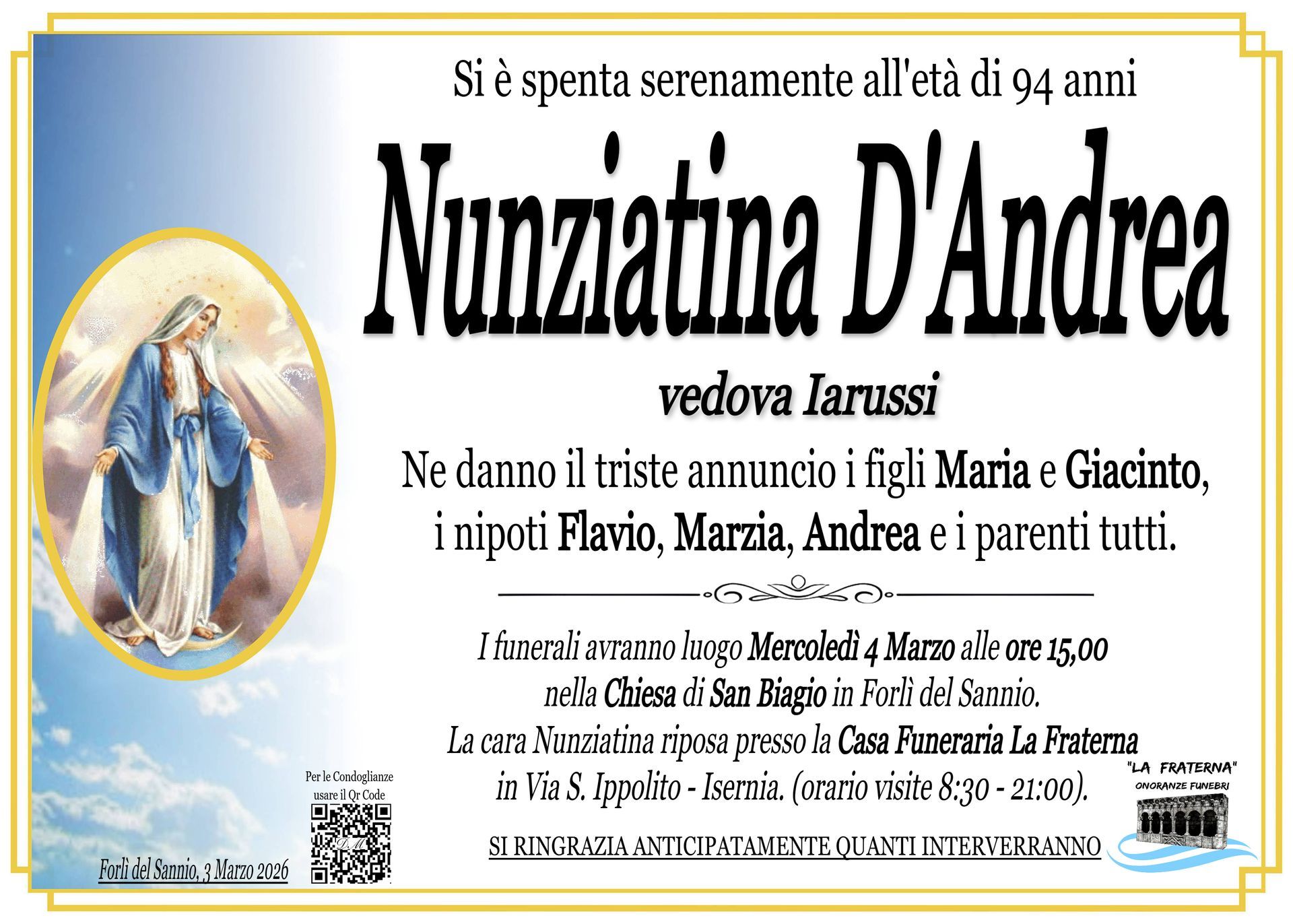 necrologio Nunziatina D'Andrea