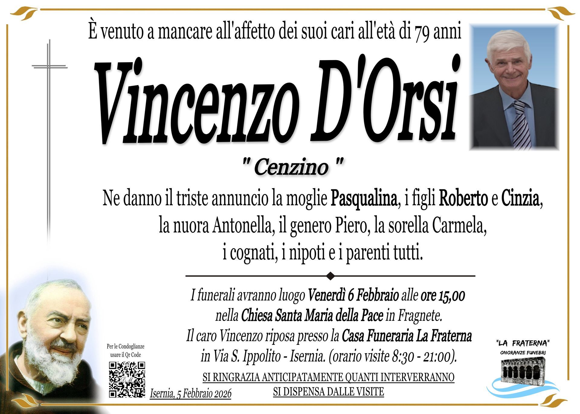 necrologio Vincenzo D'Orsi