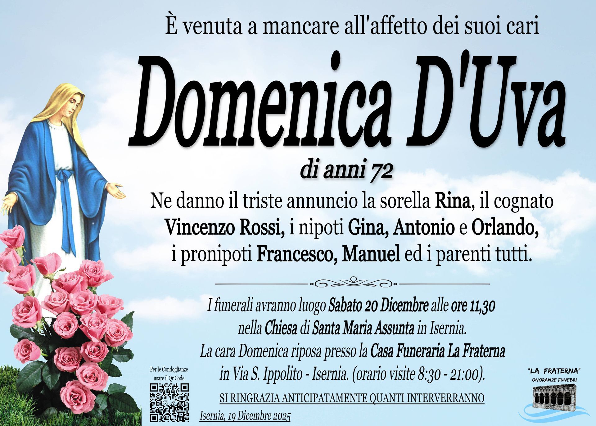 necrologio Carmela D'Uva