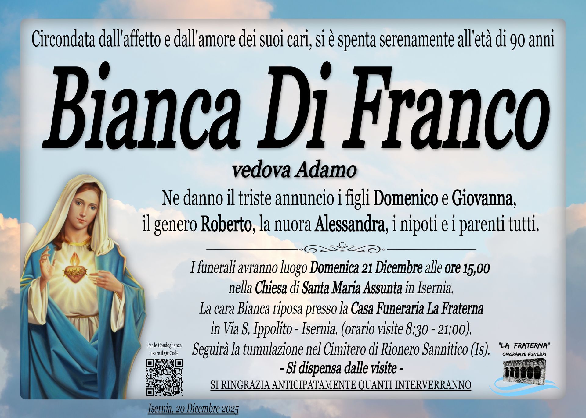 necrologio Bianca Di Franco