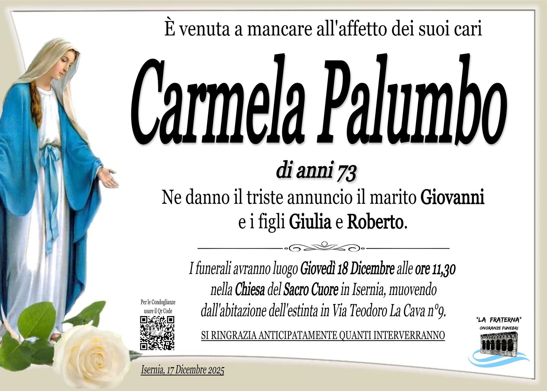 necrologio Carmela Palumbo