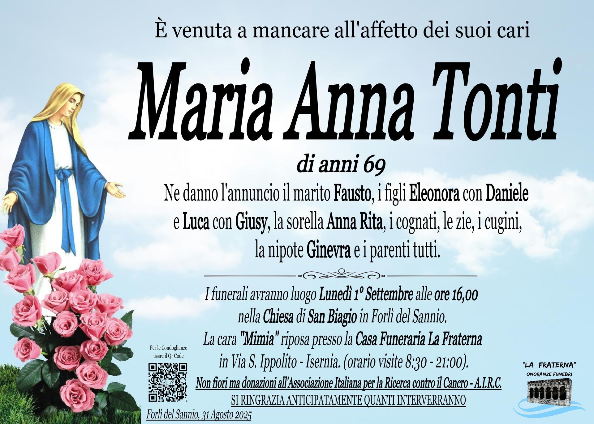 necrologio Maria Anna Tonti