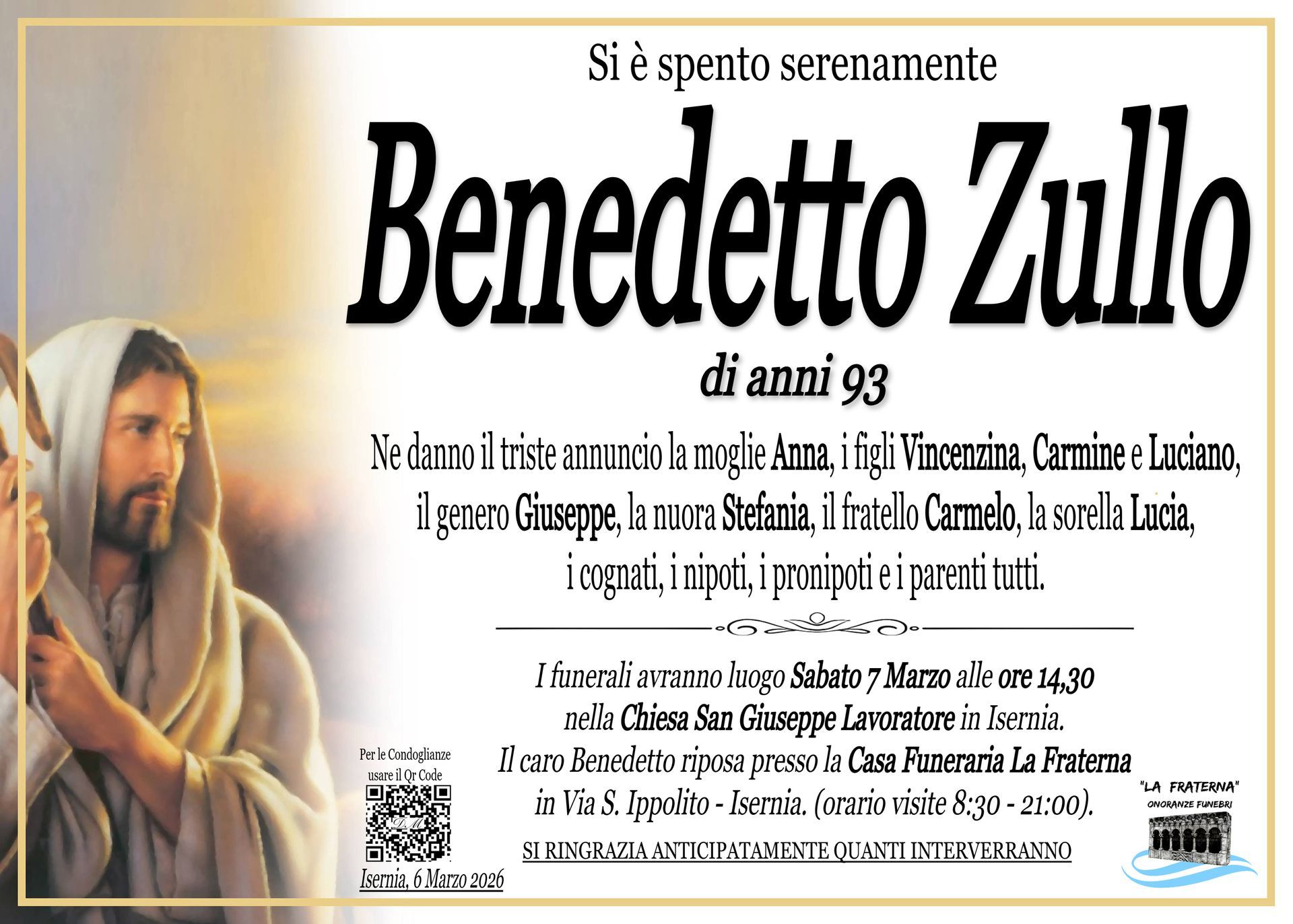 necrologio Benedetto Zullo
