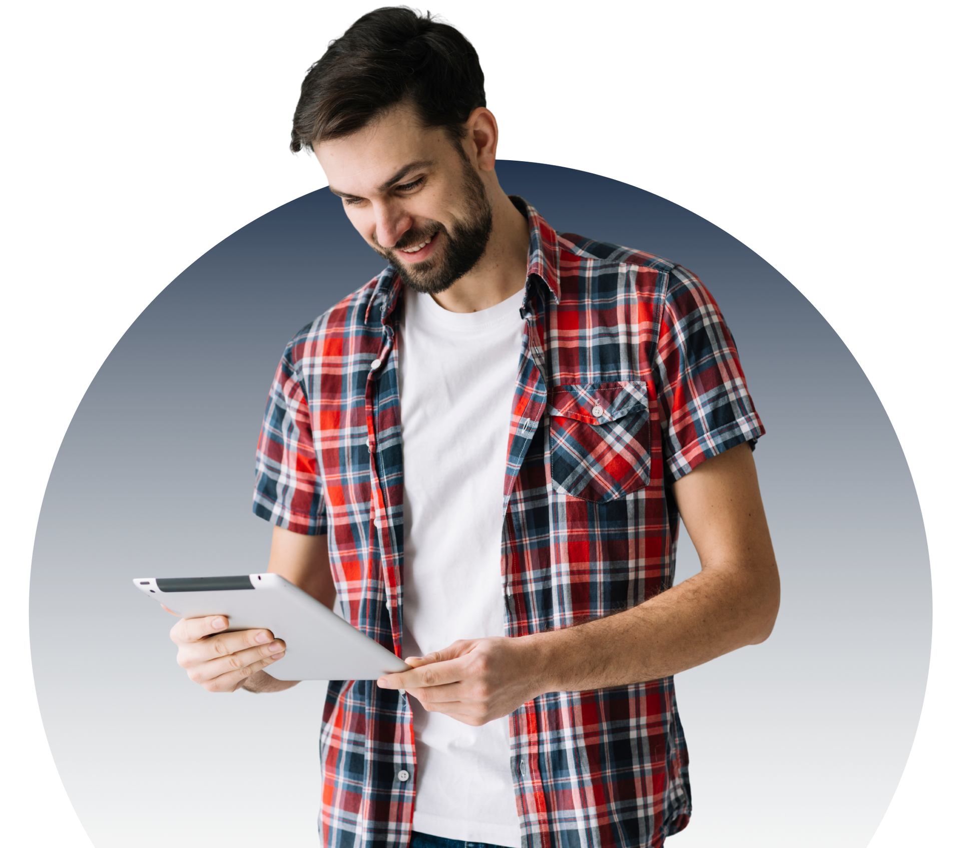 A man in a plaid shirt is using a tablet computer.