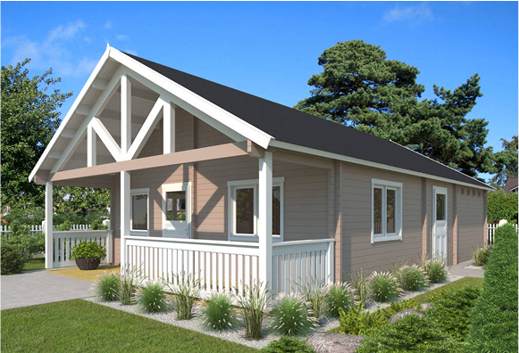 A small house with a porch and a black roof