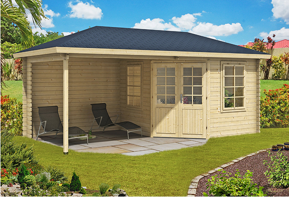 A small wooden house with a porch and chairs in a garden.