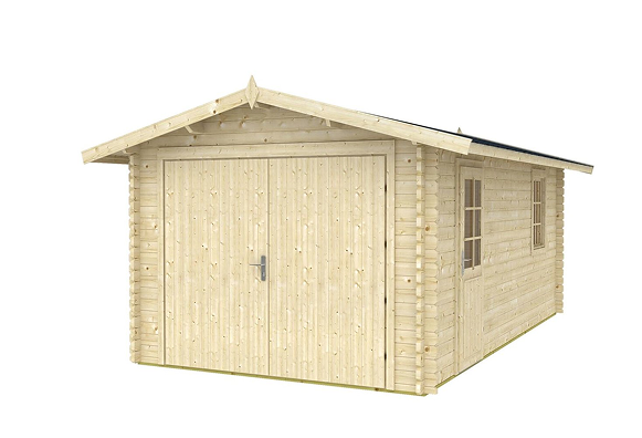 A small wooden garage with two doors and two windows on a white background.