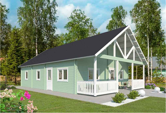 A green house with a black roof and a white porch