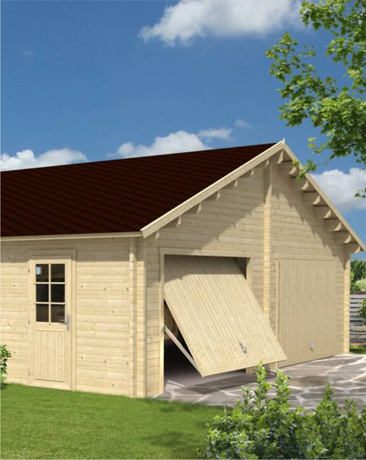 A wooden garage with the garage door open