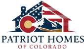 The patriot homes colorado logo is a shield with mountains and a star on it.