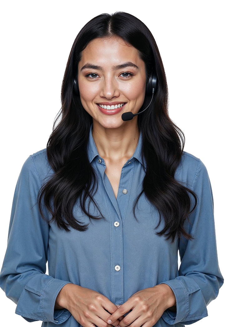 A woman is wearing a headset and smiling.